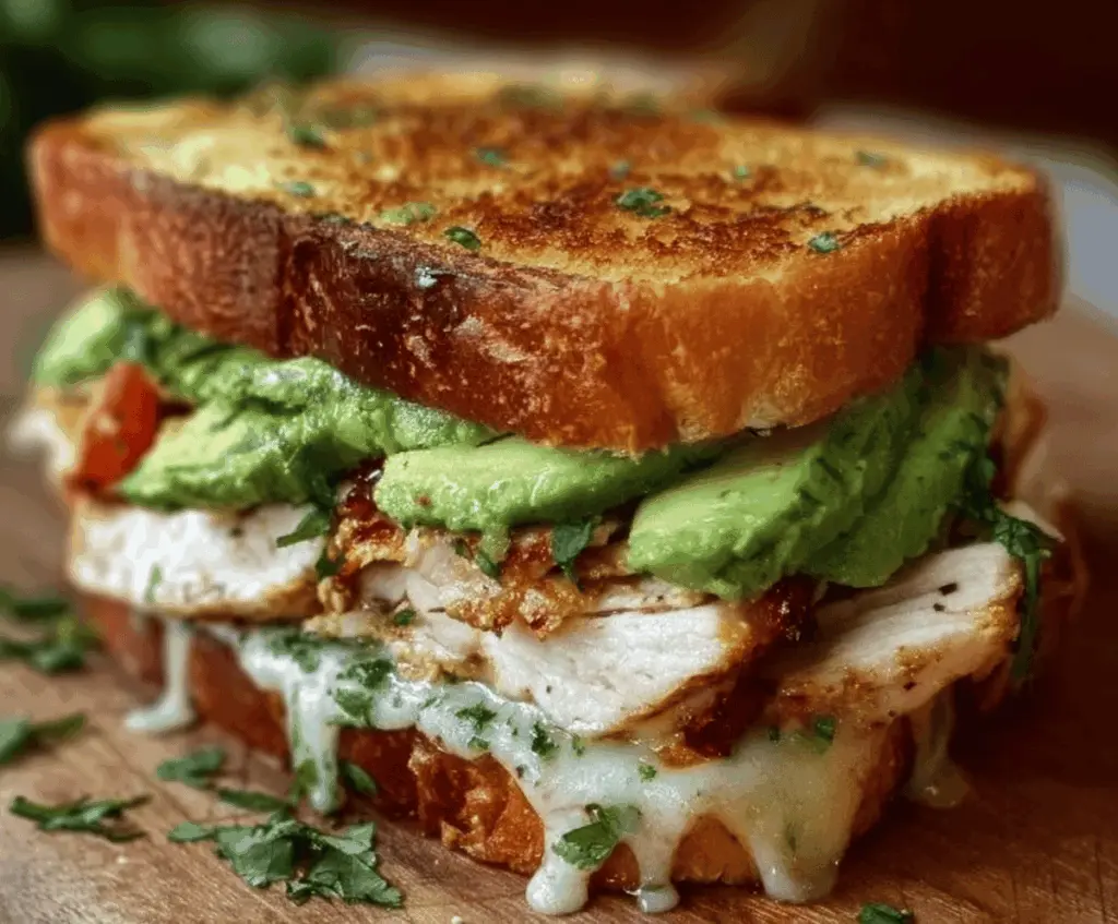 Delicious Savory Chicken and Avocado Delight Sandwich with fresh lettuce and creamy avocado on toasted bread