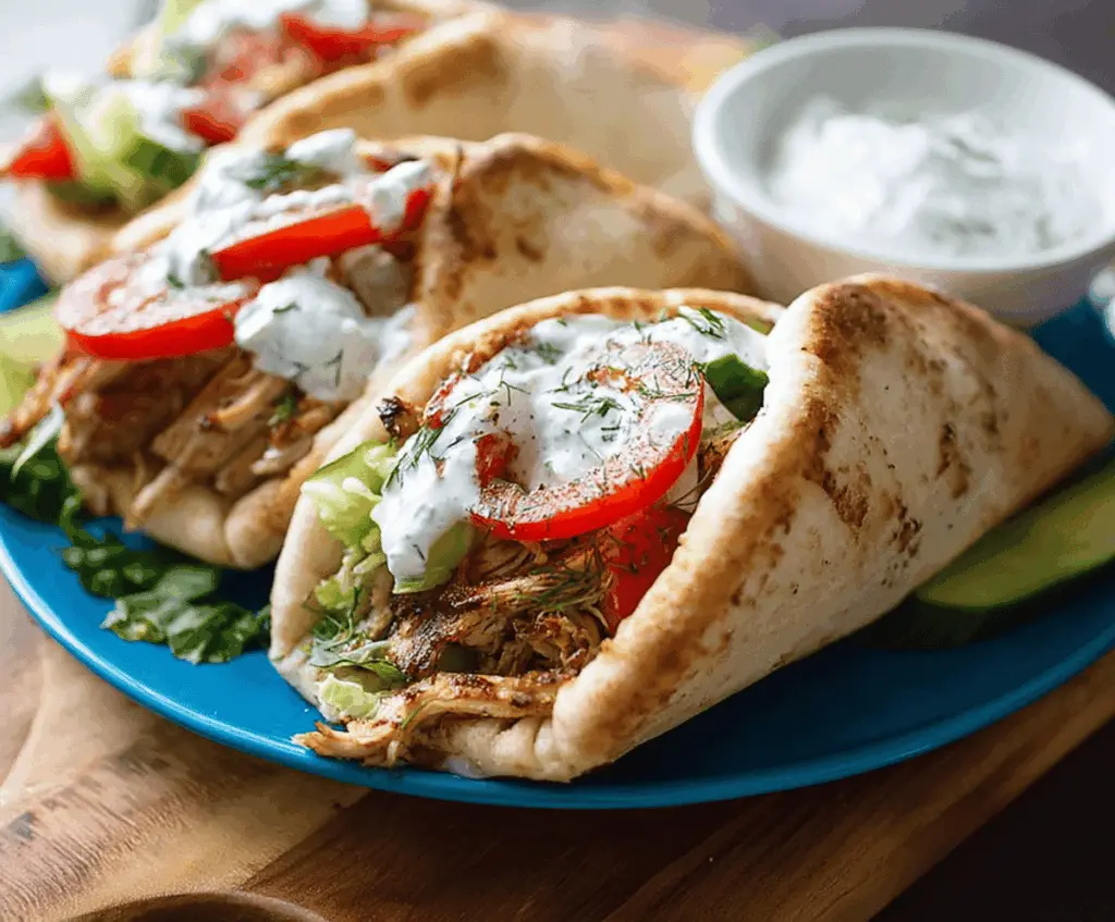 Creamy, flavorful slow cooker chicken gyros served with fresh vegetables and pita bread