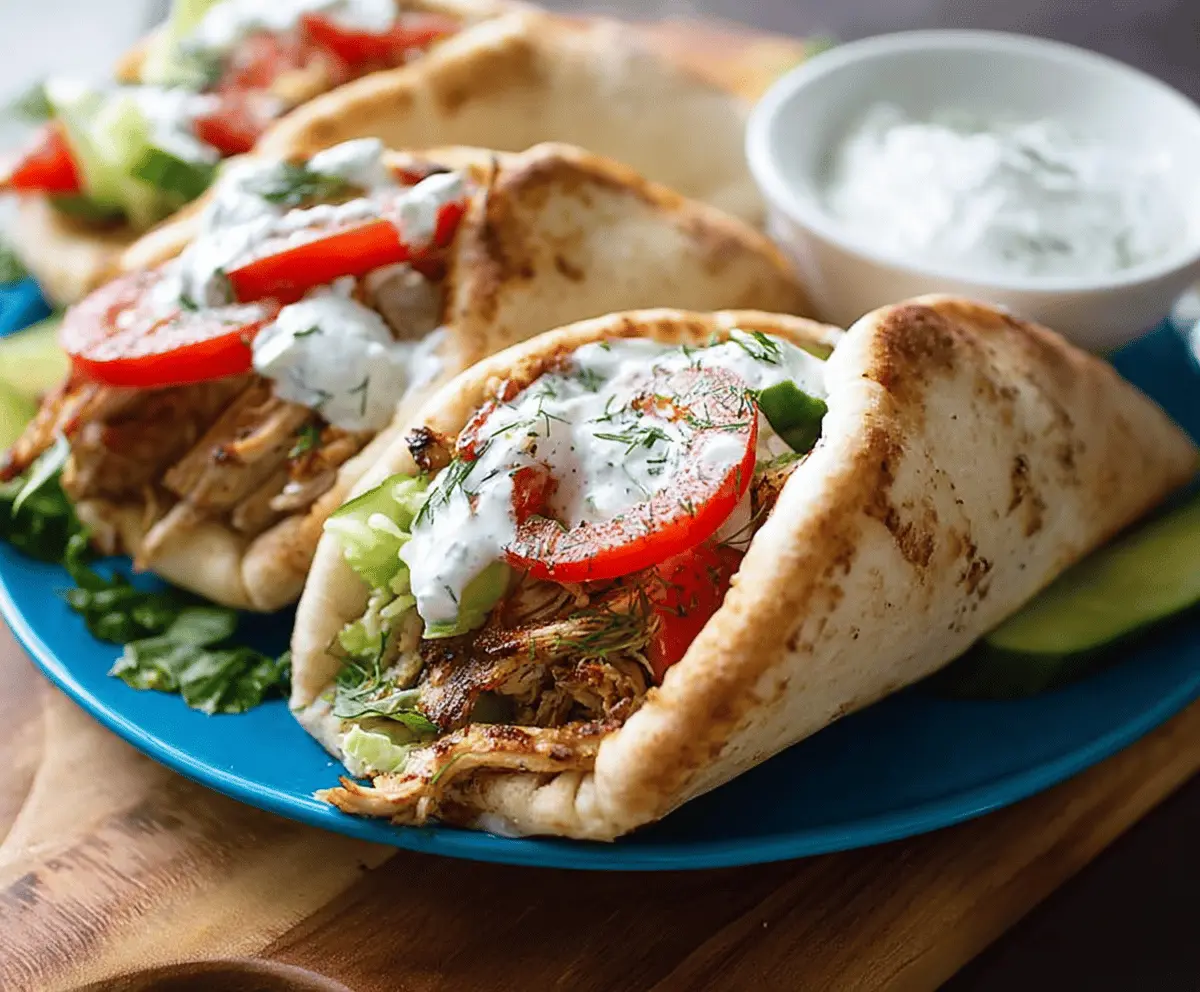 Creamy, flavorful slow cooker chicken gyros served with fresh vegetables and pita bread