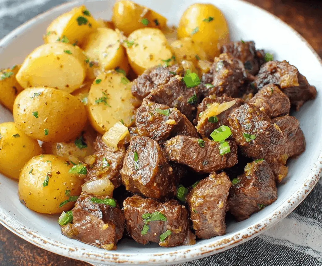 Delicious slow cooker garlic butter beef bites with crispy roasted potatoes on a plate, garnished with fresh herbs for a flavorful meal.