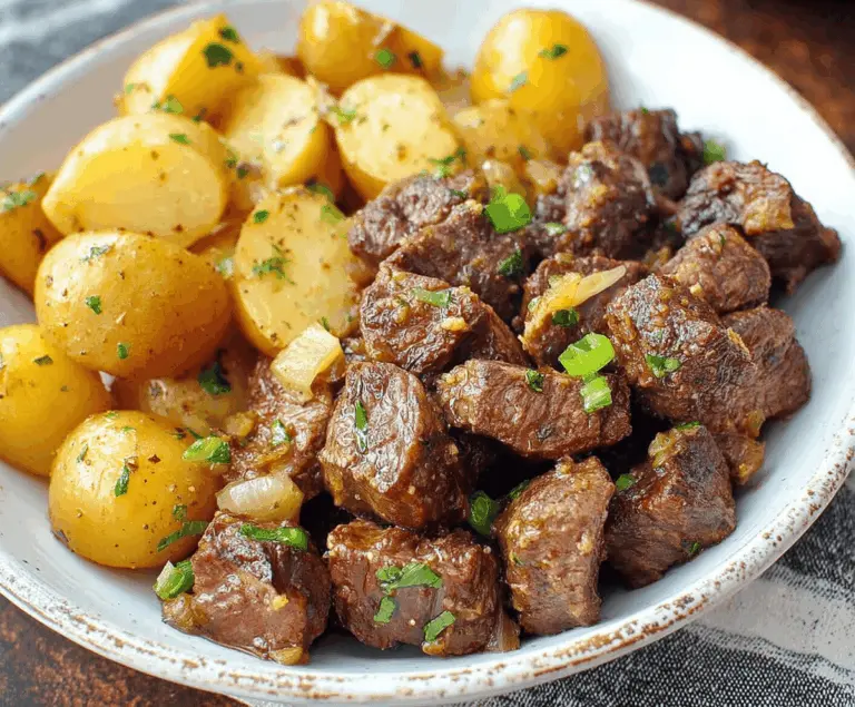 Delicious slow cooker garlic butter beef bites with crispy roasted potatoes on a plate, garnished with fresh herbs for a flavorful meal.