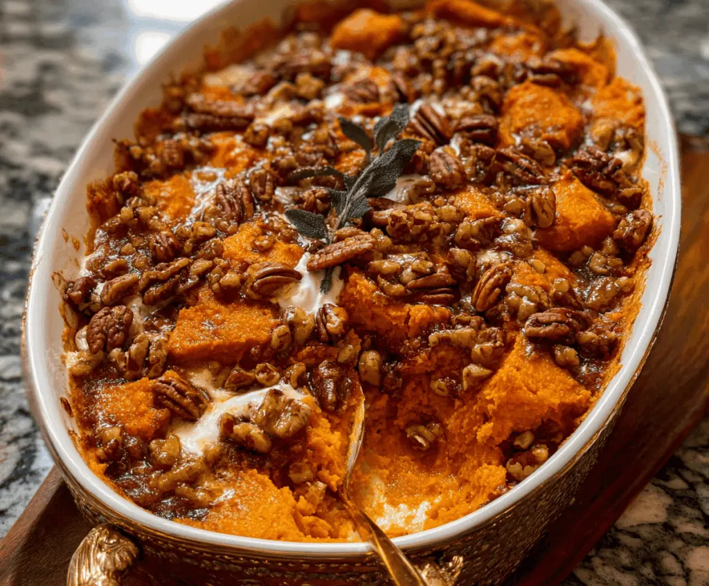 Sweet potato casserole topped with marshmallows and pecans, featuring a golden-brown crust, perfect for a Southern Maple Sweet Potato Casserole recipe