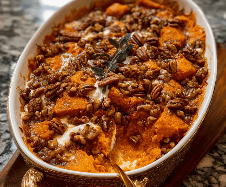 Sweet potato casserole topped with marshmallows and pecans, featuring a golden-brown crust, perfect for a Southern Maple Sweet Potato Casserole recipe