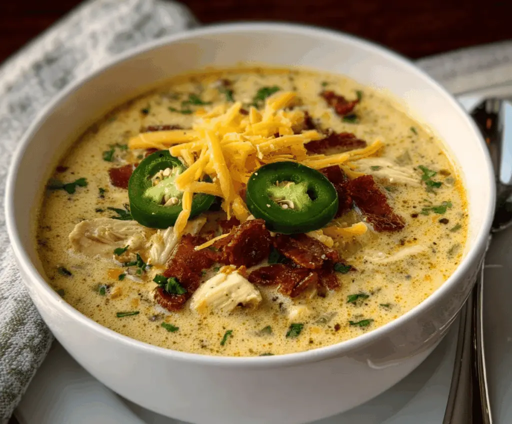 Creamy Spicy Jalapeño Popper Chicken Soup garnished with chopped cilantro and shredded cheese, featuring jalapeño peppers, melted cheese, and crispy bacon bits in a bowl.