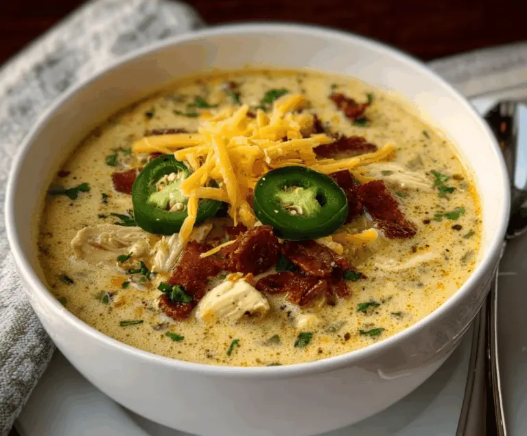 Creamy Spicy Jalapeño Popper Chicken Soup garnished with chopped cilantro and shredded cheese, featuring jalapeño peppers, melted cheese, and crispy bacon bits in a bowl.