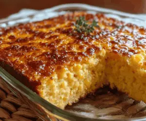 Delicious sweet honey-glazed corn casserole served in a baking dish, perfect for family dinners and holiday gatherings.
