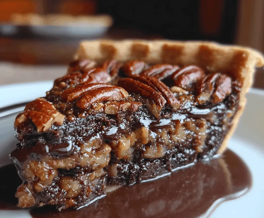 Delicious Texas Chocolate Pecan Pie with a rich chocolate filling and crunchy pecan topping