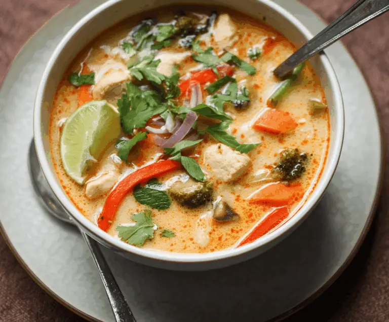 A bowl of Thai Chicken Soup garnished with fresh herbs, lime wedge, and sliced chili peppers, showcasing a flavorful, aromatic Asian-inspired dish.