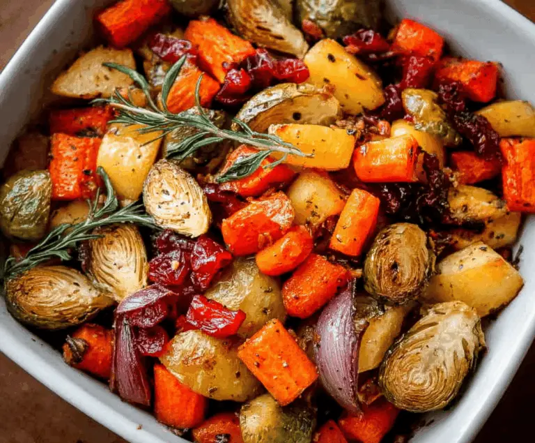 Colorful roasted vegetables perfect for Thanksgiving dinner, including carrots, Brussels sprouts, and sweet potatoes.