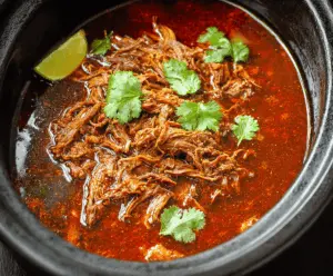 Delicious Mexican Birria cooked in a Crockpot, featuring tender shredded beef, rich spices, and flavorful broth served with fresh tortillas