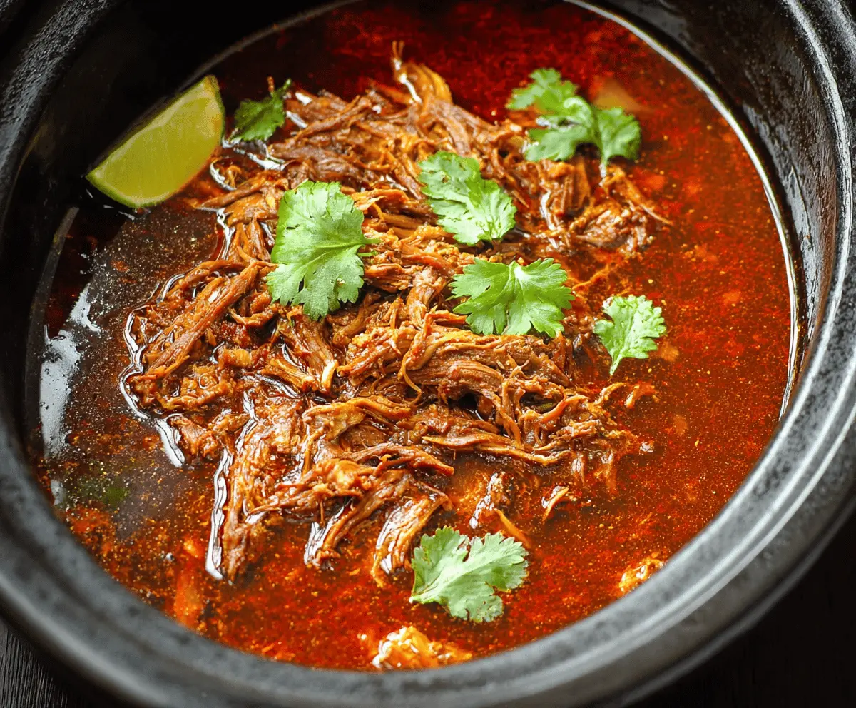 Delicious Mexican Birria cooked in a Crockpot, featuring tender shredded beef, rich spices, and flavorful broth served with fresh tortillas