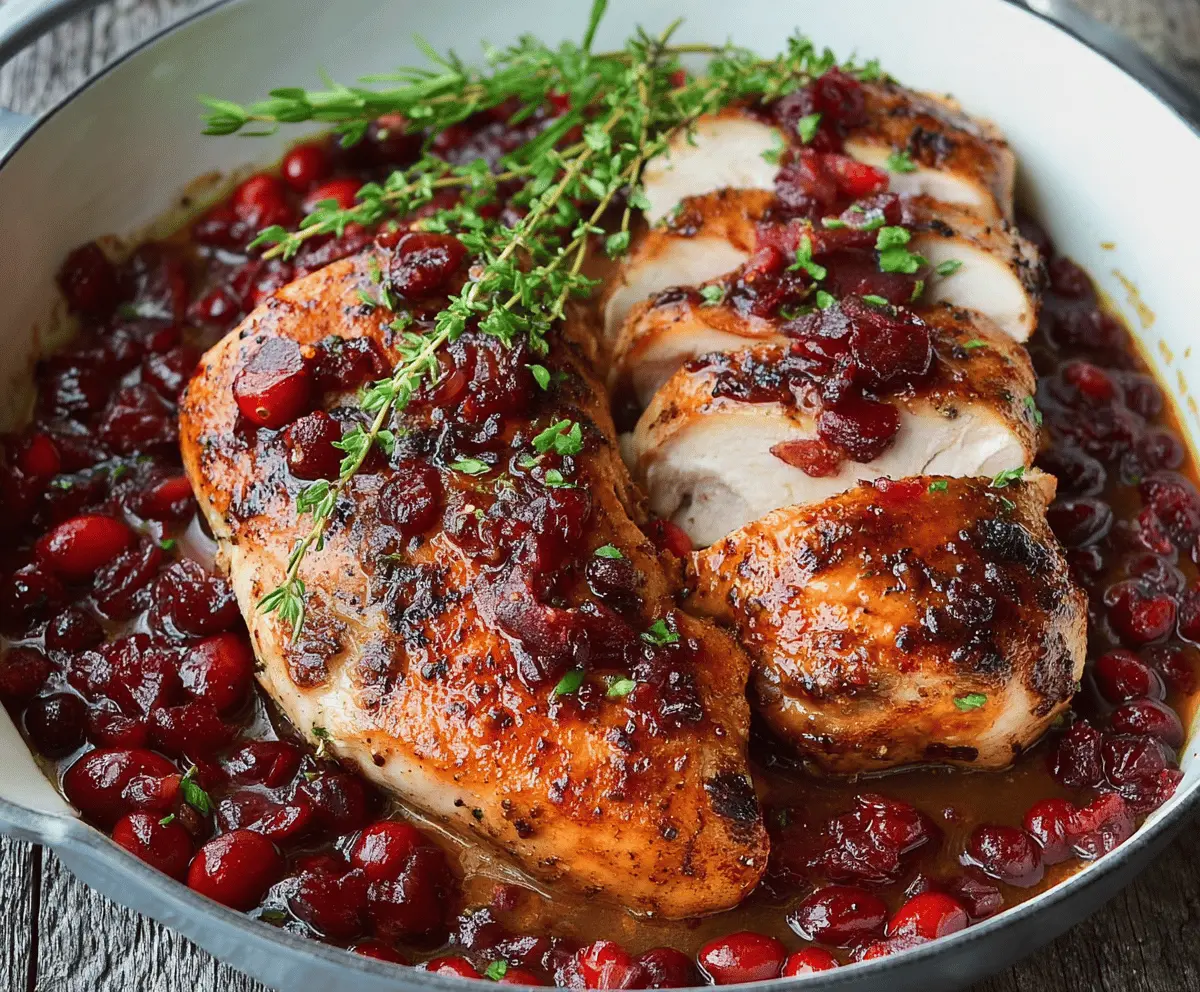 Juicy roasted turkey breast served with a vibrant cranberry orange sauce on a white platter, garnished with fresh herbs.