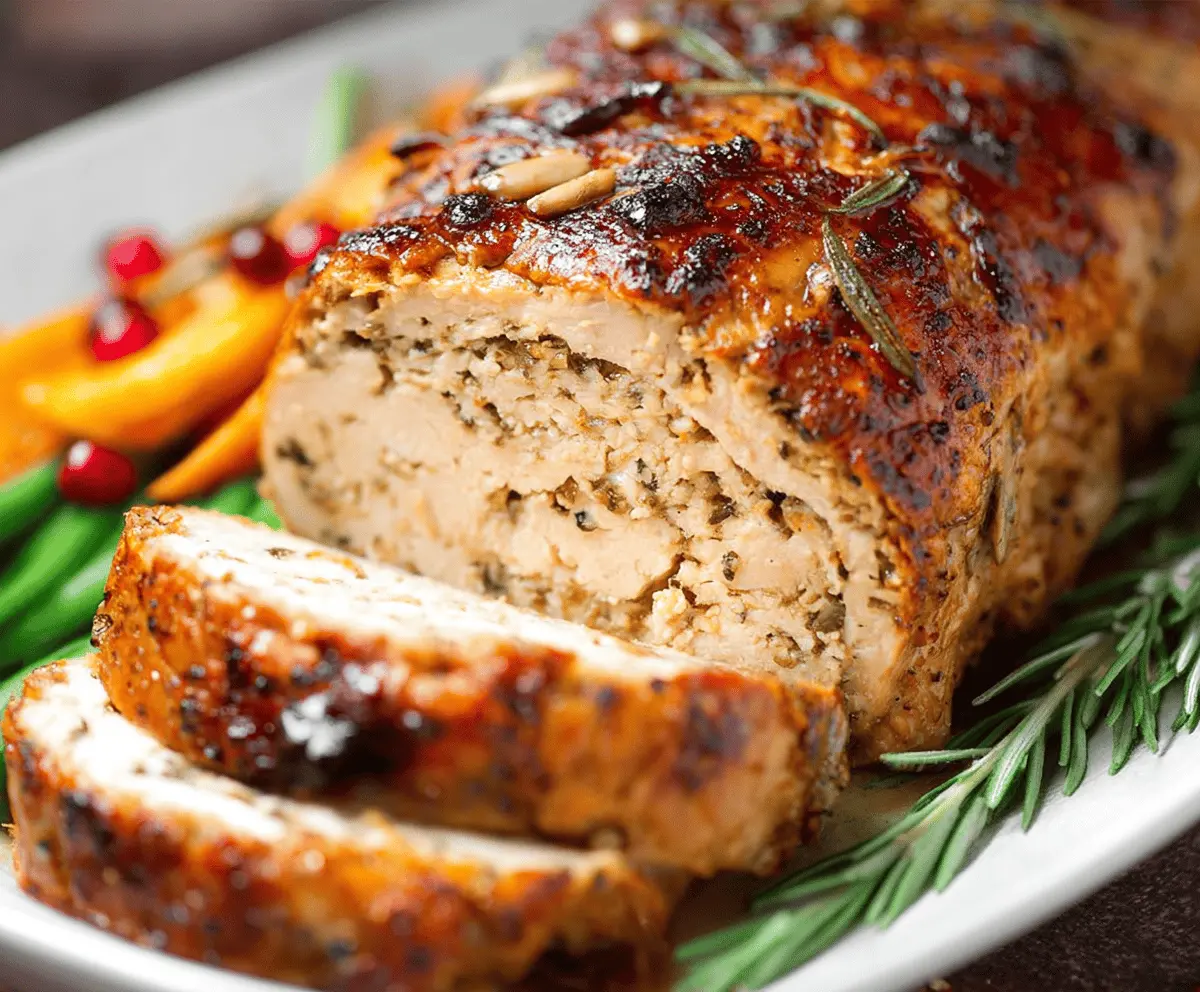 Delicious vegan turkey roast served on a platter, perfect for holiday feasts and plant-based dinners.