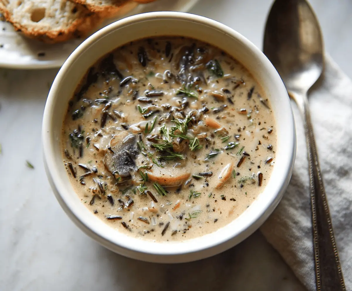 A steaming bowl of Wild Rice Mushroom Soup garnished with fresh herbs, featuring a hearty mixture of wild rice, sautéed mushrooms, and creamy broth in a rustic ceramic bowl.