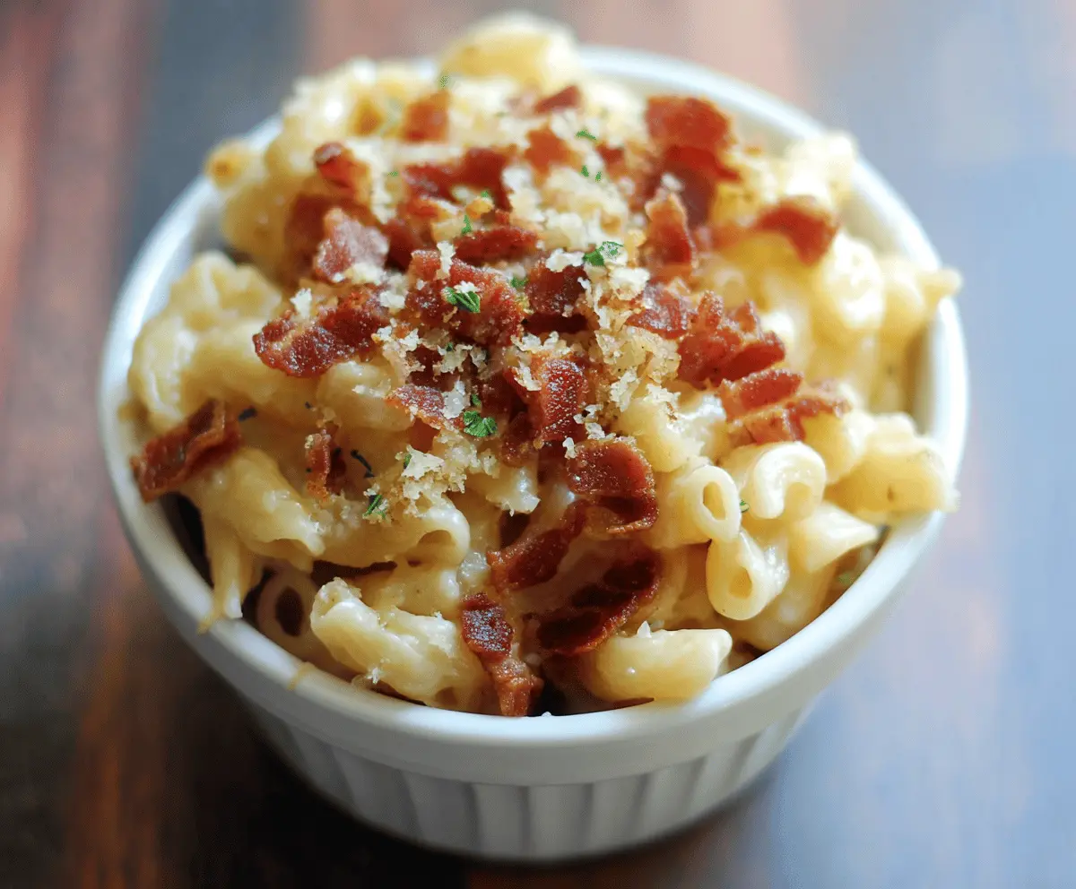 Creamy bacon mac and cheese topped with crispy bacon bits and melted cheese