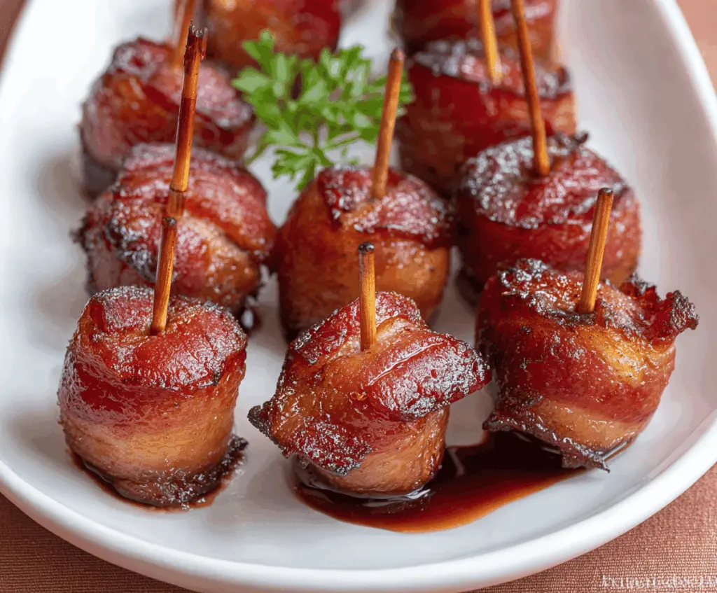 Bacon wrapped water chestnuts appetizer on a serving platter