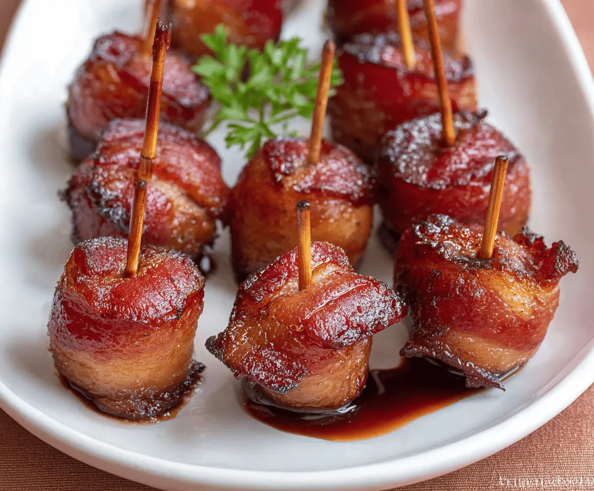 Bacon wrapped water chestnuts appetizer on a serving platter