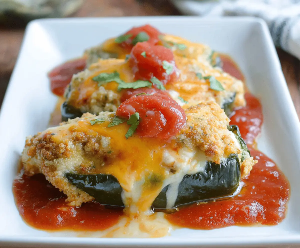 Delicious baked chicken chili relleno topped with melted cheese and fresh cilantro on a white plate.