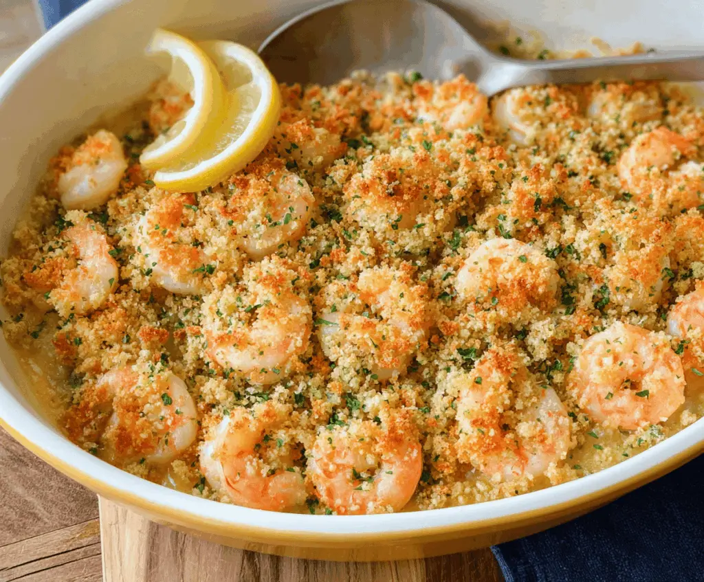 Delicious baked shrimp casserole topped with golden buttery crumbs, served in a rustic dish.
