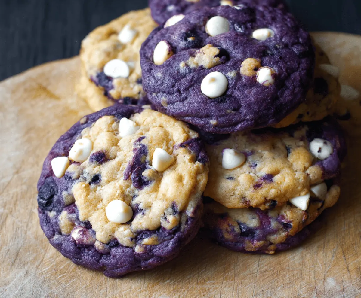 Delicious bakery-style blueberry white chocolate chip cookies fresh out of the oven showcasing golden edges and gooey chocolate chunks.