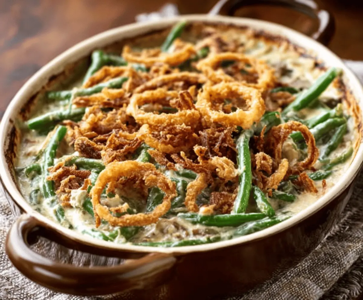 Delicious Barefoot Contessa Green Bean Casserole served in a white dish, topped with crispy fried onions.