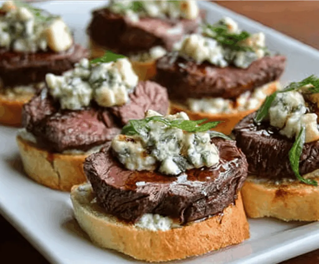 Beef Tenderloin Gorgonzola Crostini with creamy cheese and tender beef slices on toasted baguette.