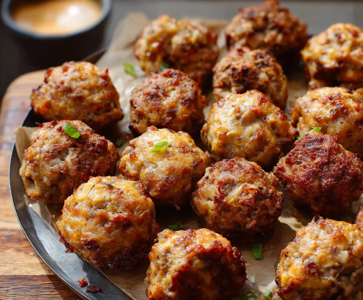 Delicious Bisquick sausage balls on a plate, perfect for snack or appetizer with sausage, Bisquick, and cheese.