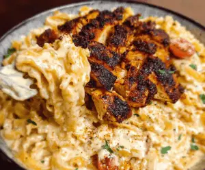 Creamy Cajun Chicken Alfredo featuring blackened spiced chicken strands on a bed of Alfredo pasta.