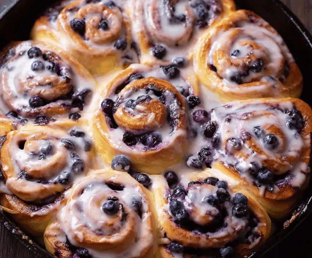 Delicious blueberry cinnamon rolls topped with icing and fresh blueberries, perfect for breakfast or brunch.