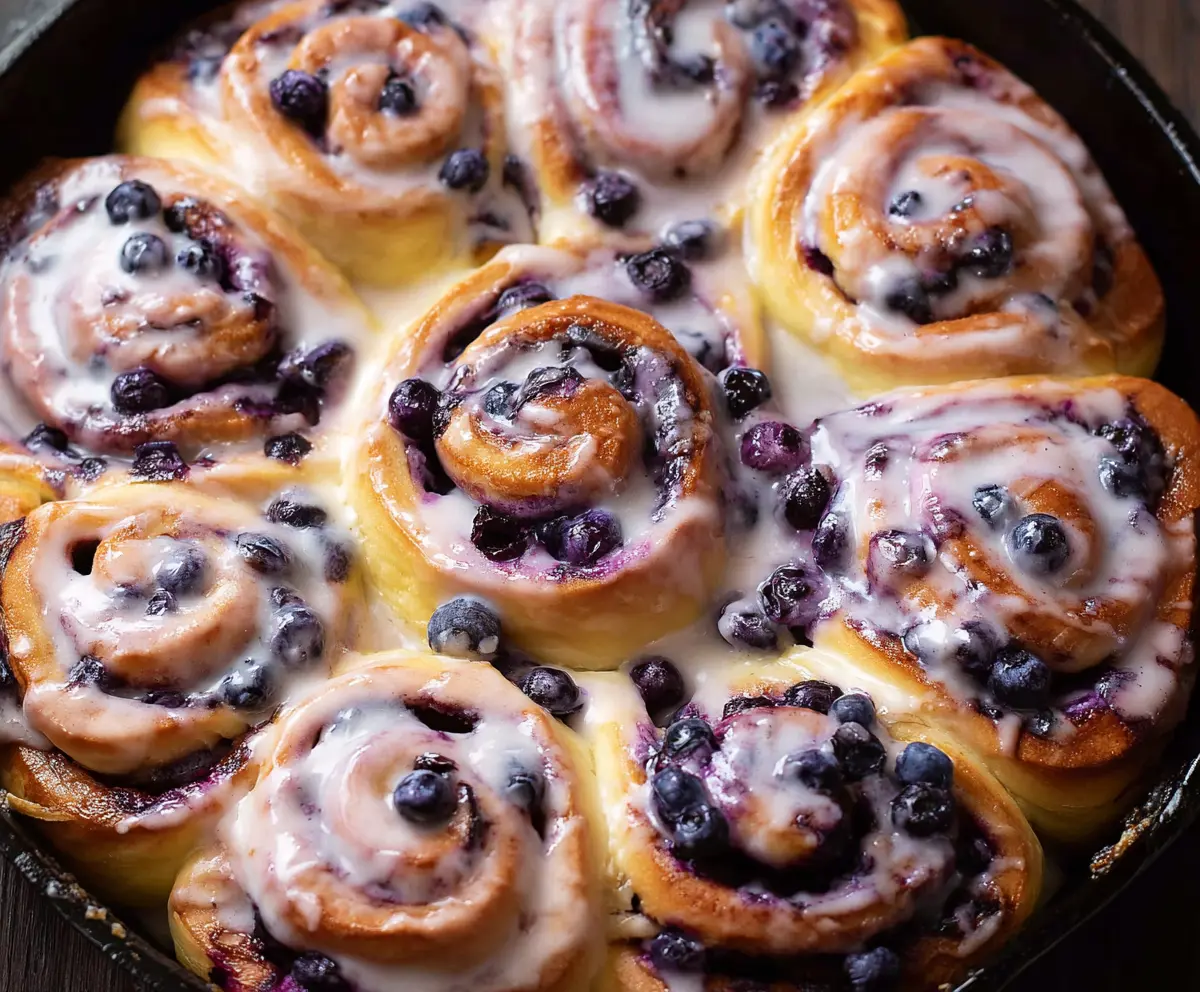 Delicious blueberry cinnamon rolls topped with icing and fresh blueberries, perfect for breakfast or brunch.