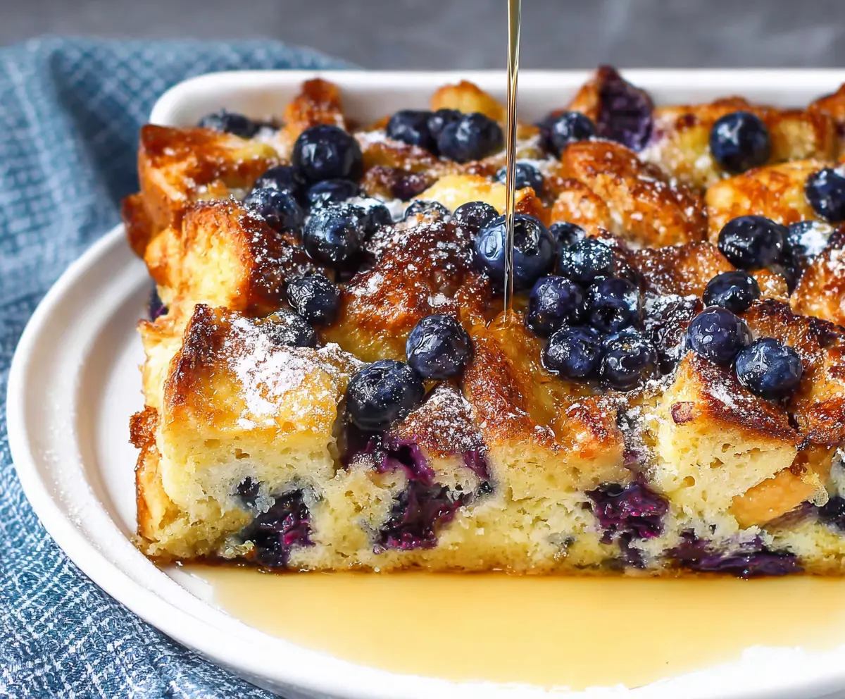 Delicious blueberry French toast casserole topped with fresh blueberries and powdered sugar.