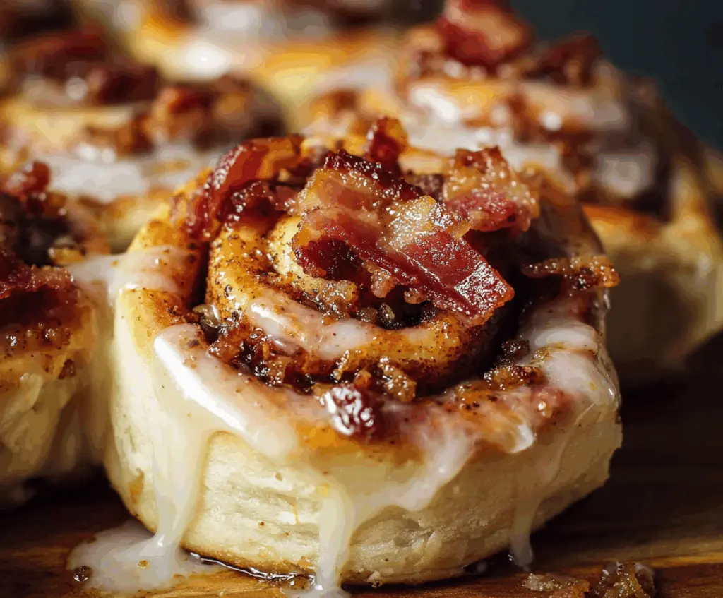 Delicious Bourbon Maple Bacon Cinnamon Rolls glazed with syrup and topped with caramelized bacon slices.