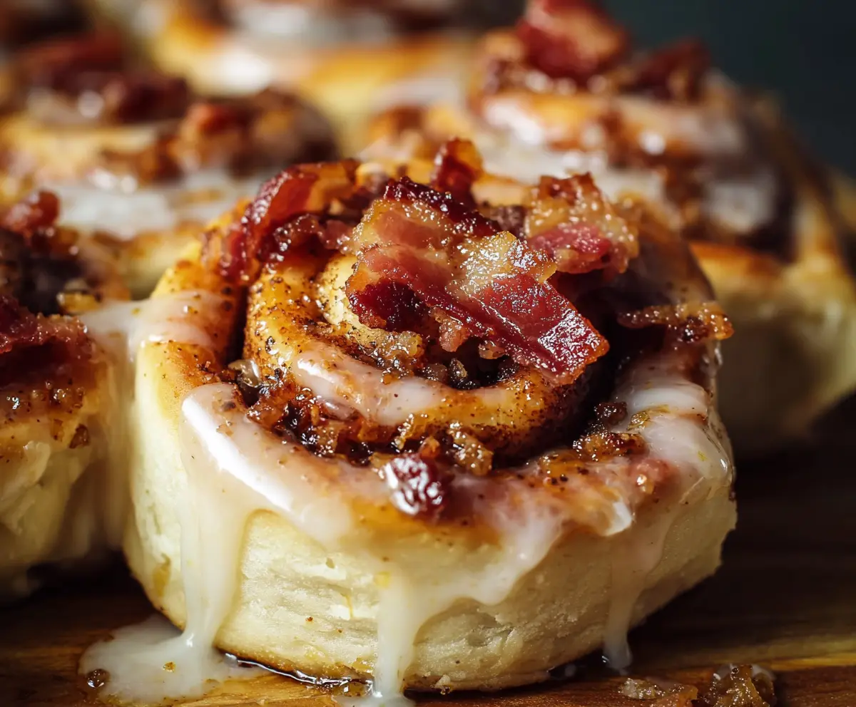 Delicious Bourbon Maple Bacon Cinnamon Rolls glazed with syrup and topped with caramelized bacon slices.