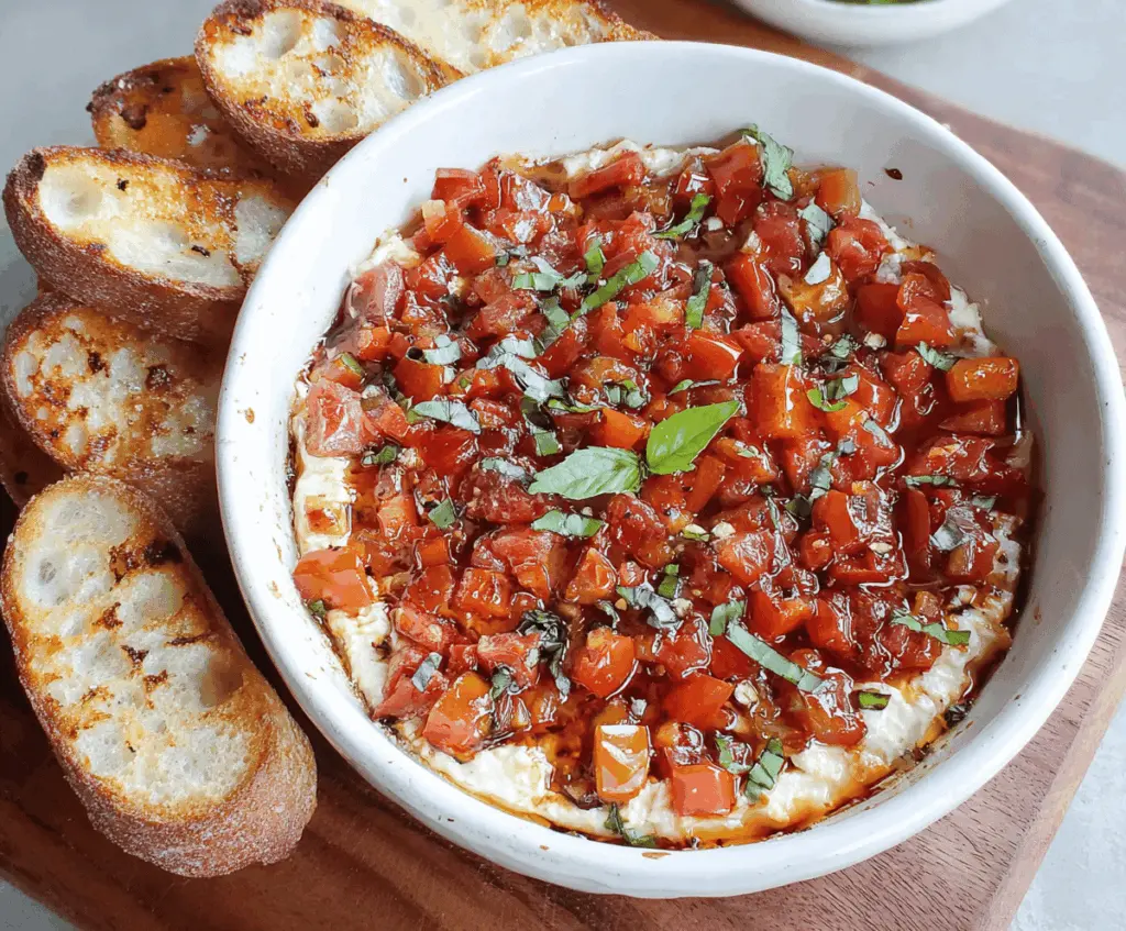 Creamy Bruschetta Dip with fresh tomatoes and basil served with toasted bread slices