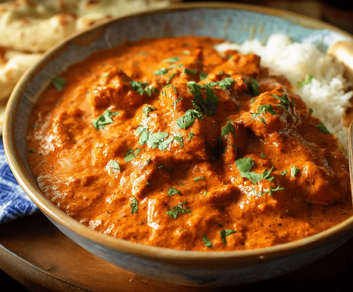 Creamy butter chicken served with rice and naan on a plate, garnished with fresh herbs.