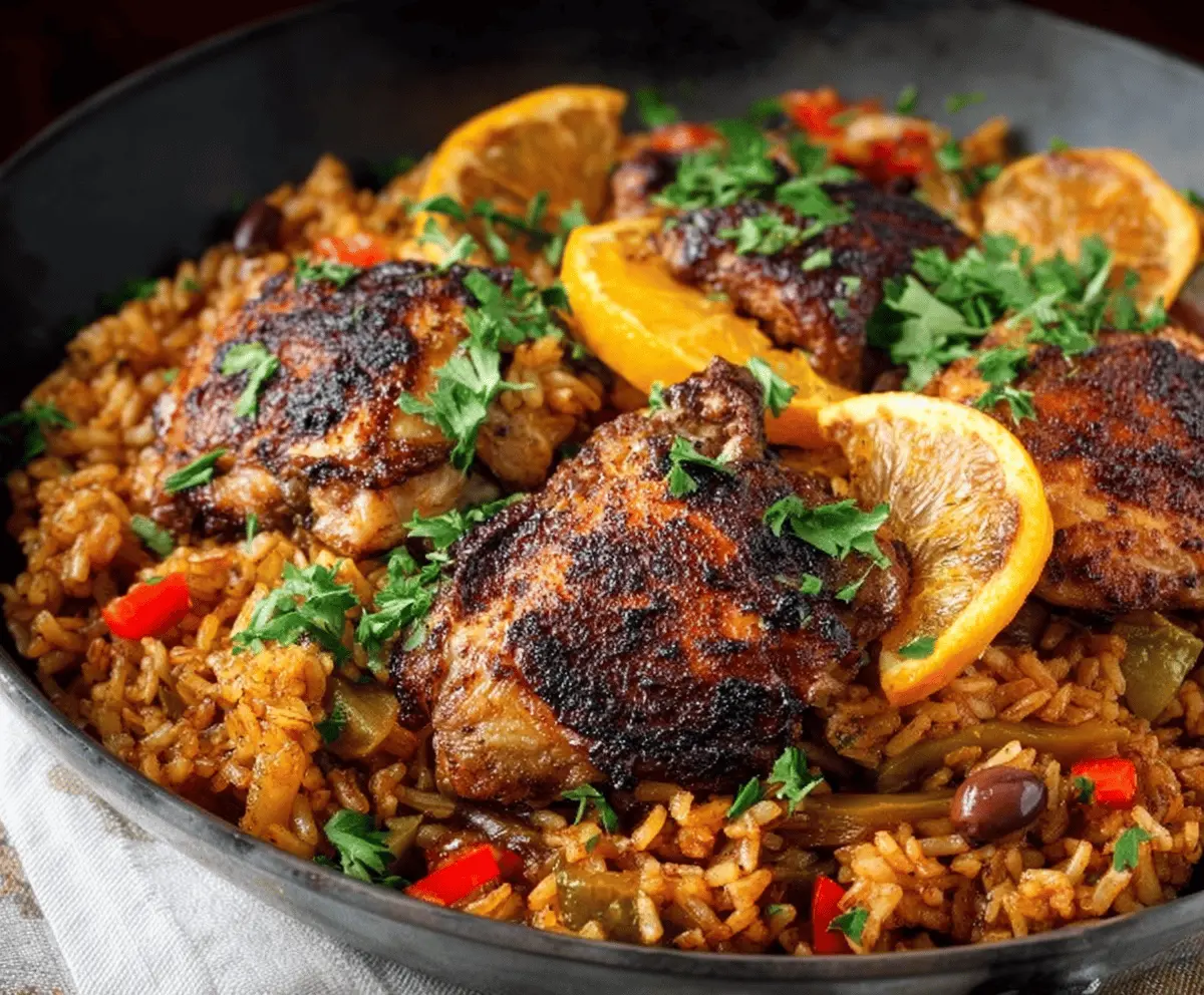 Delicious Caribbean Chicken and Rice dish served on a plate with colorful vegetables.