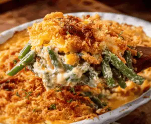 Delicious Cheddar Bay Green Bean Casserole with melted cheese and crispy topping ready to serve.