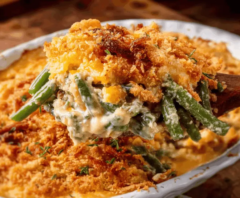Delicious Cheddar Bay Green Bean Casserole with melted cheese and crispy topping ready to serve.