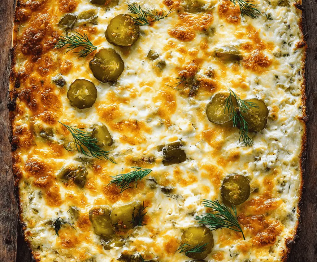 Delicious Cheesy Baked Pickle Dip served with fresh vegetables and chips.