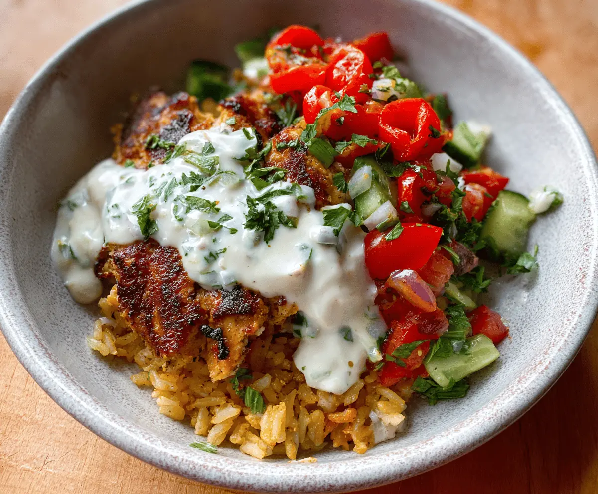 Delicious chicken and rice bowls topped with creamy garlic sauce, perfect for a satisfying meal.