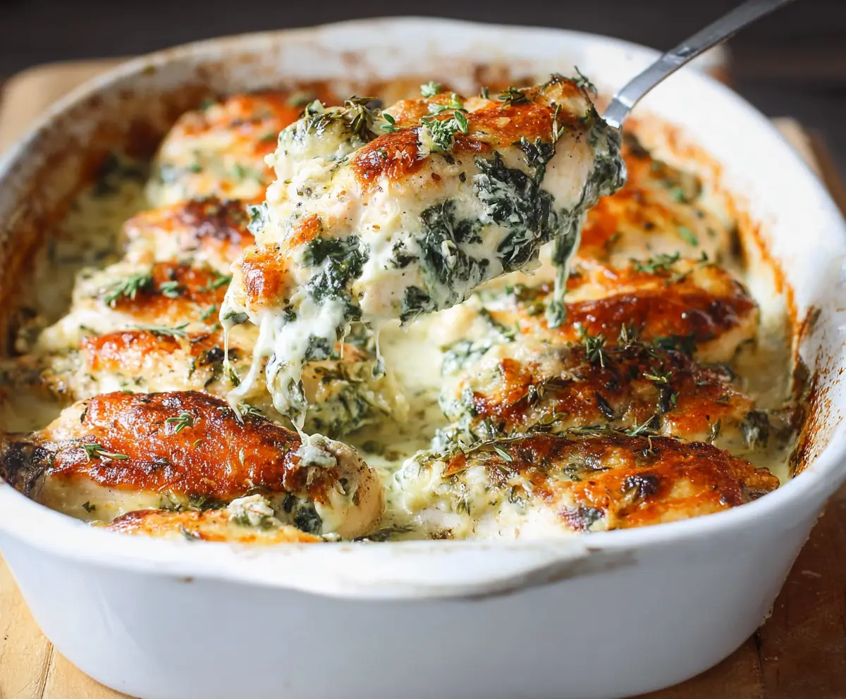 Baked chicken and spinach casserole topped with melted cheese and creamy sauce.