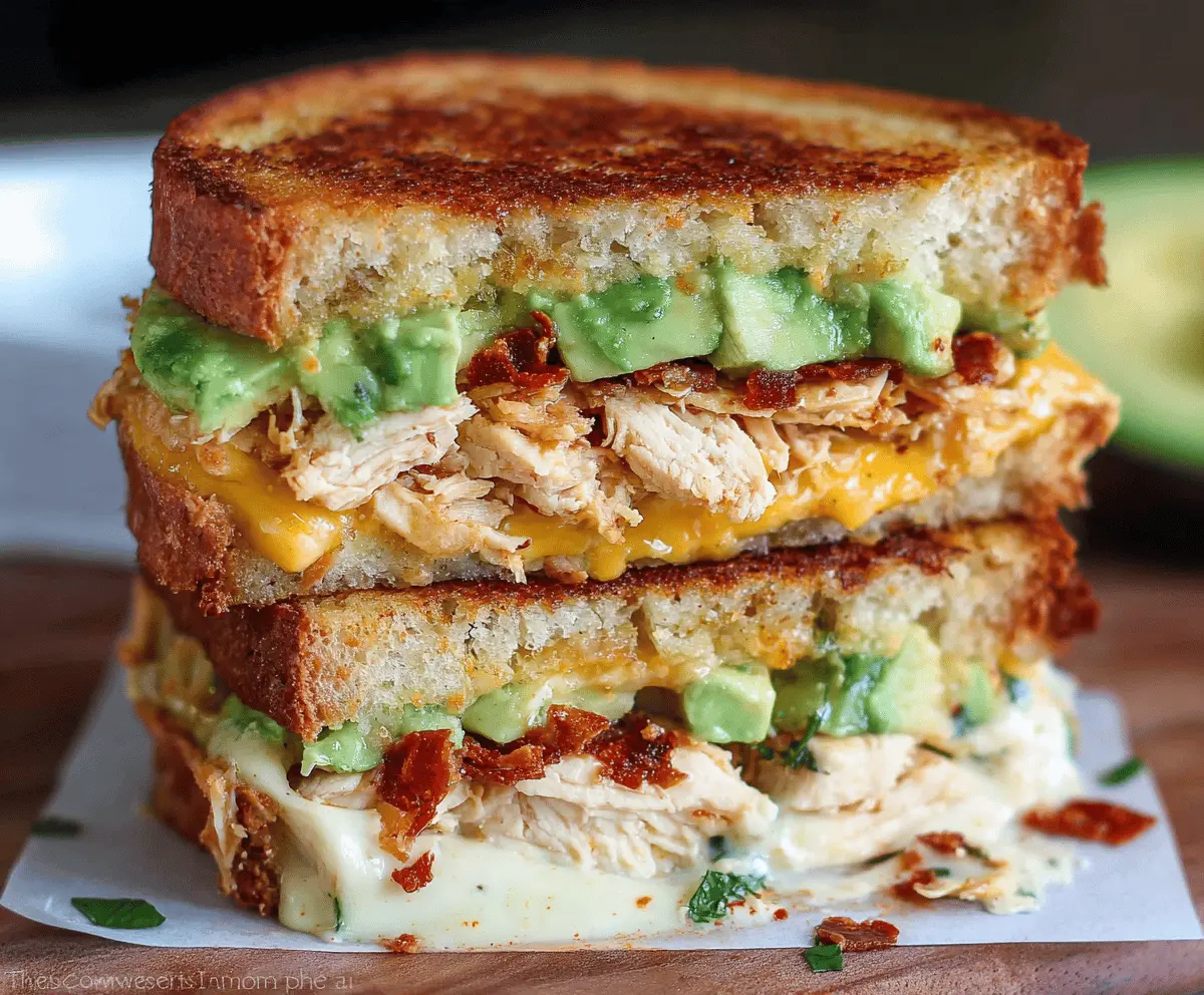 Delicious Chicken Avocado Melt Sandwich with melted cheese, fresh avocado slices, and toasted bread.