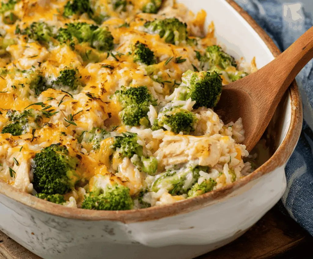 Delicious and hearty chicken broccoli rice casserole served in a baking dish