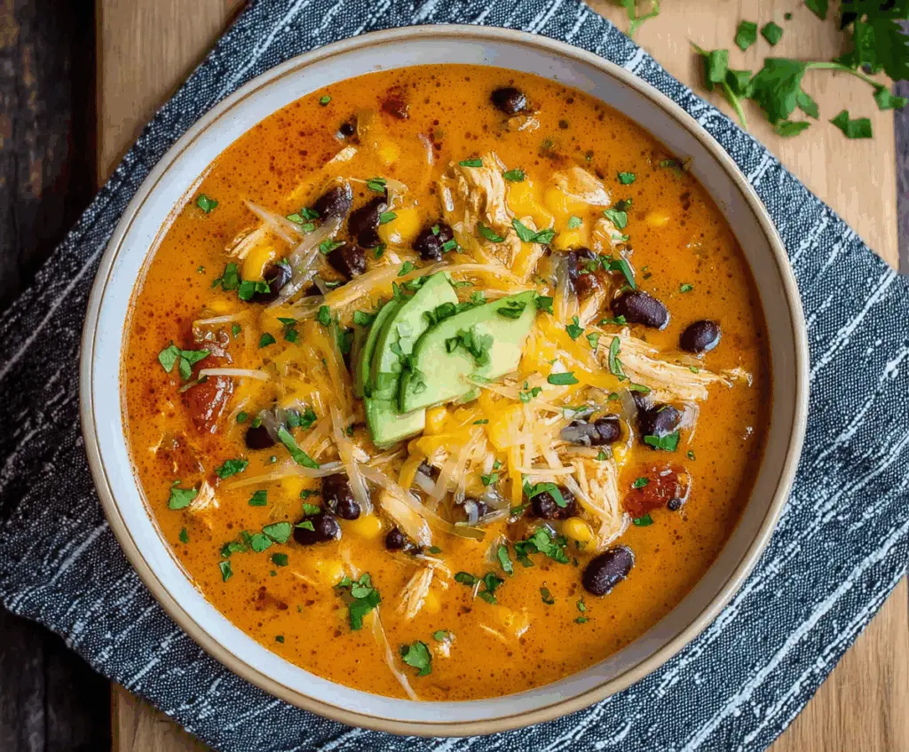 Creamy chicken enchilada soup topped with melted cheese and fresh cilantro in a bowls, perfect for a comforting meal.