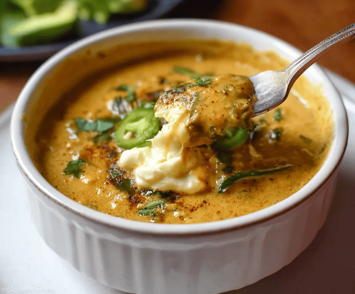 Warm bowl of Chile Relleno Soup with melted cheese and fresh herbs, perfect for a comforting meal.