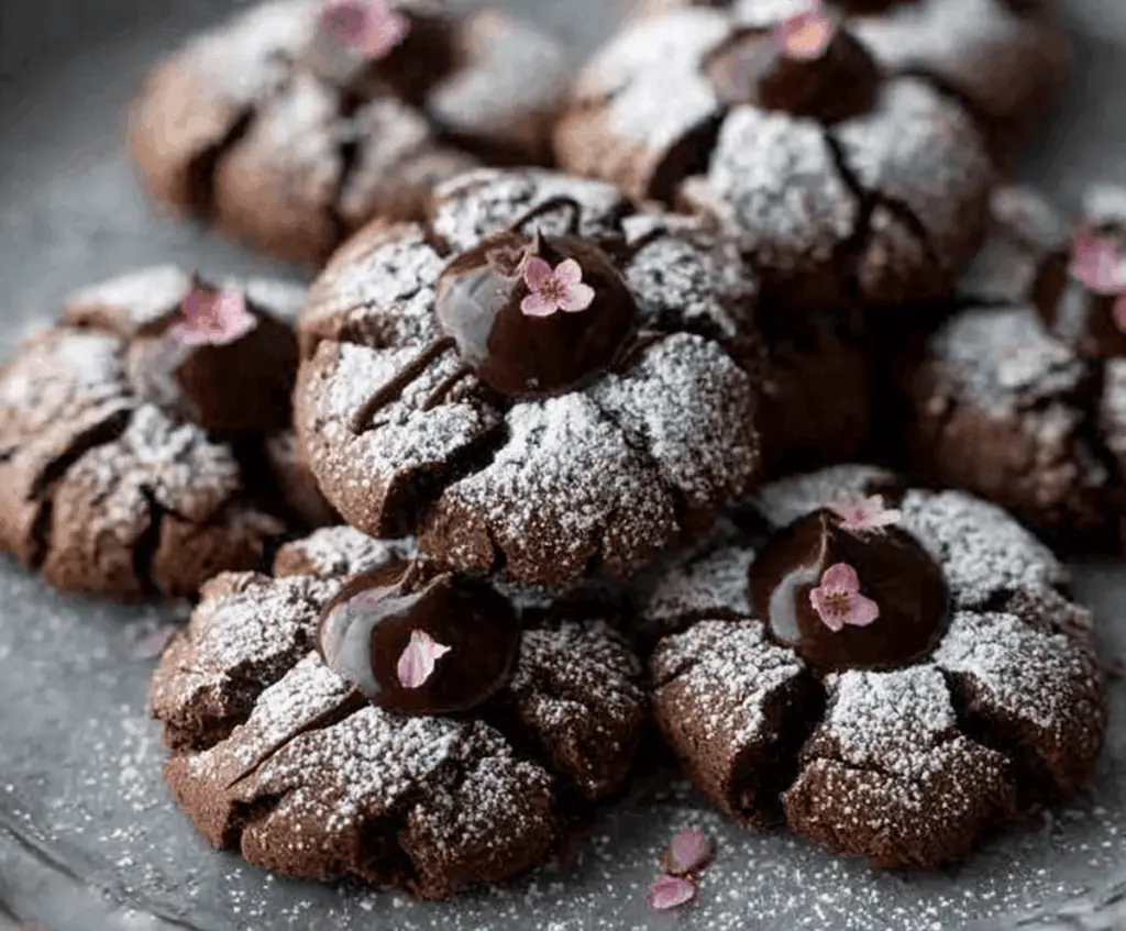 Delicious Chocolate Blossom Cookies with a gooey chocolate center and festive holiday decoration