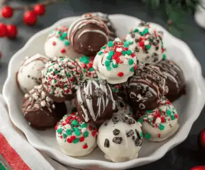 Delicious Christmas Oreo Balls dessert topped with festive sprinkles for holiday celebrations.