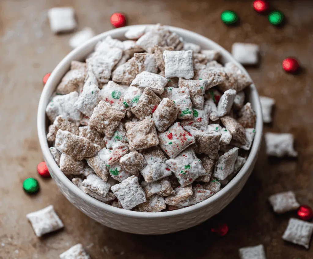 Festive Christmas Puppy Chow with colorful coated cereals and candy decorations.