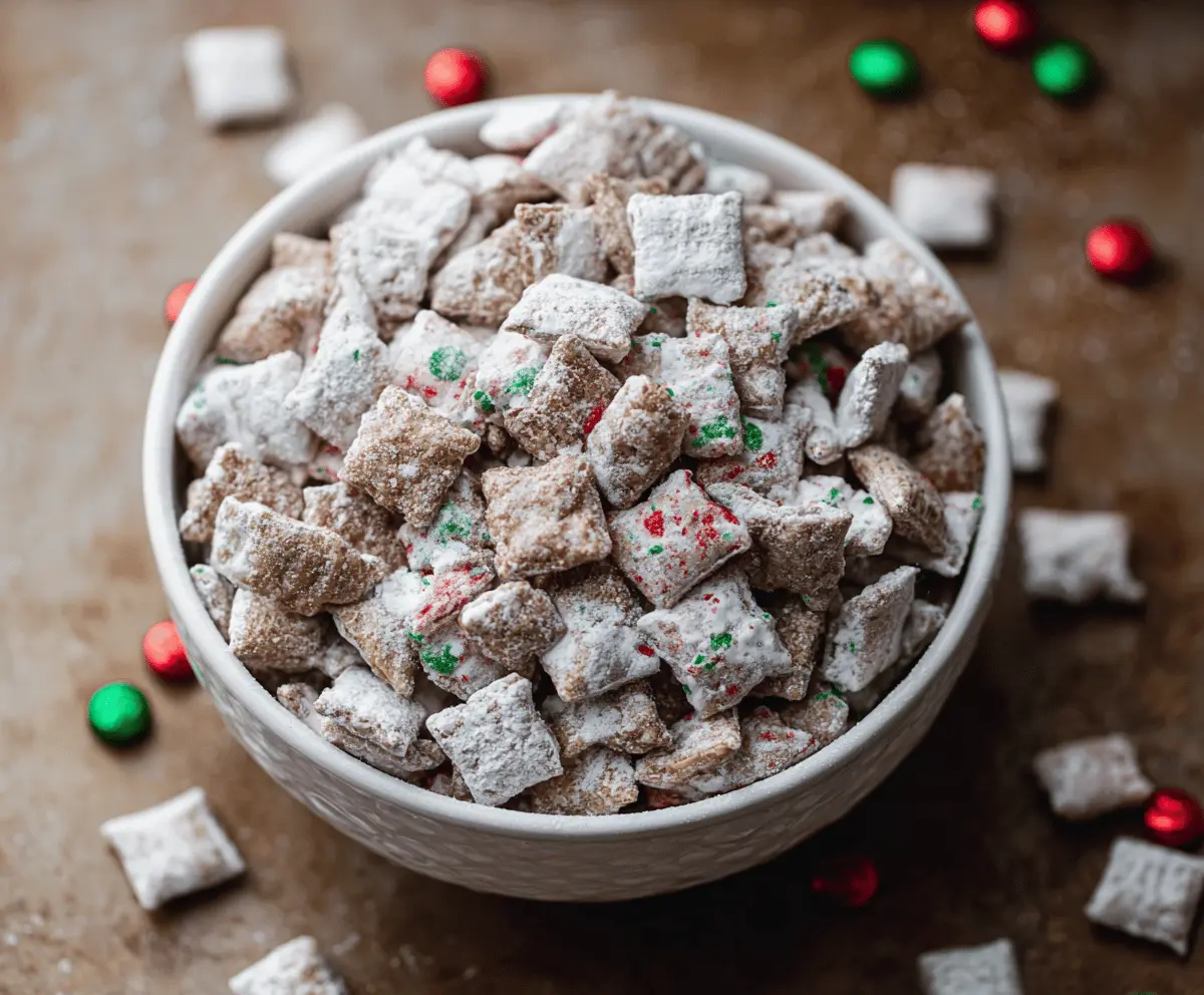 Festive Christmas Puppy Chow with colorful coated cereals and candy decorations.