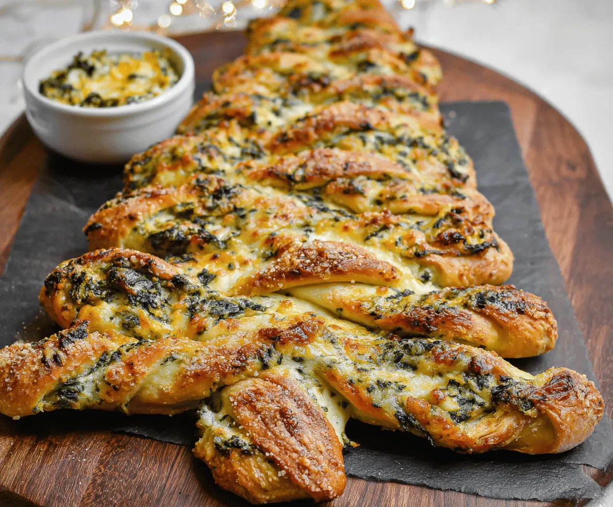 Festive Christmas Tree Spinach Dip Breadsticks, a holiday appetizer with green spinach filling shaped like a Christmas tree.